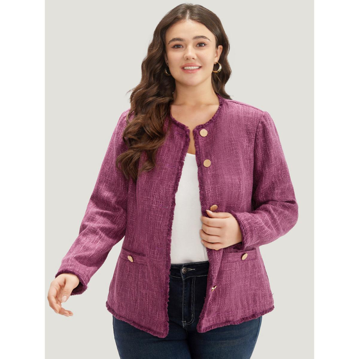 Plus Size Texture Buckle Detail Fuzzy Trim Jacket Women RedViolet Texture Pocket Dailywear Jackets BloomChic 28/5X Product Image