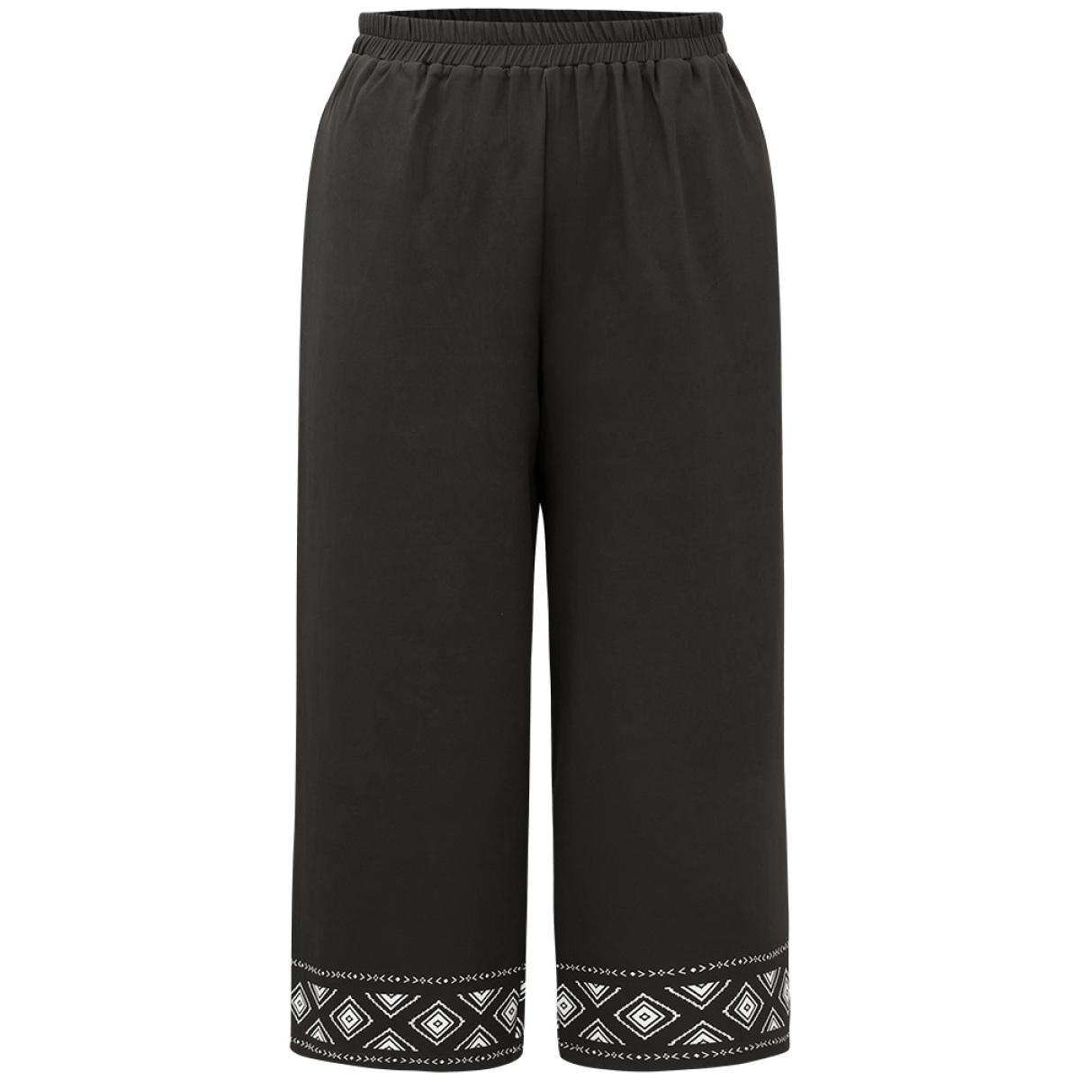 Plus Size Boho Print Elastic Waist Straight Leg Pants Women Black Vacation Straight Leg High Rise Dailywear Pants BloomChic 10/M Product Image