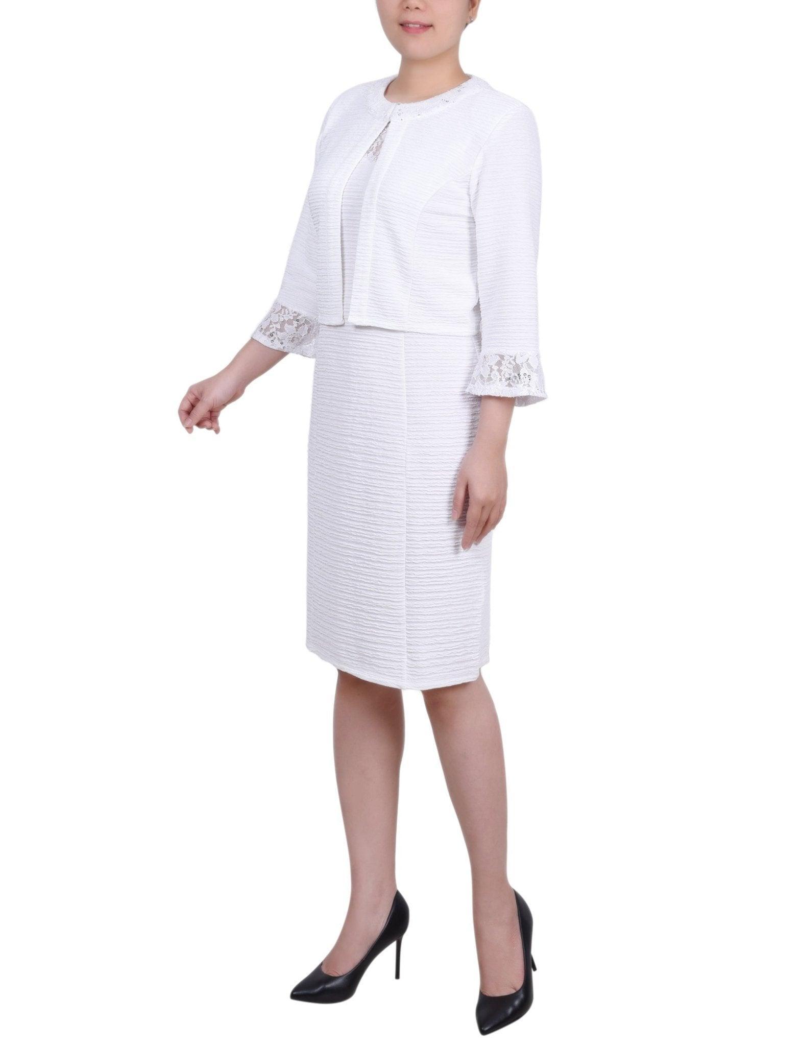 White Two Piece Novelty Knit and Lace Dress Set Product Image