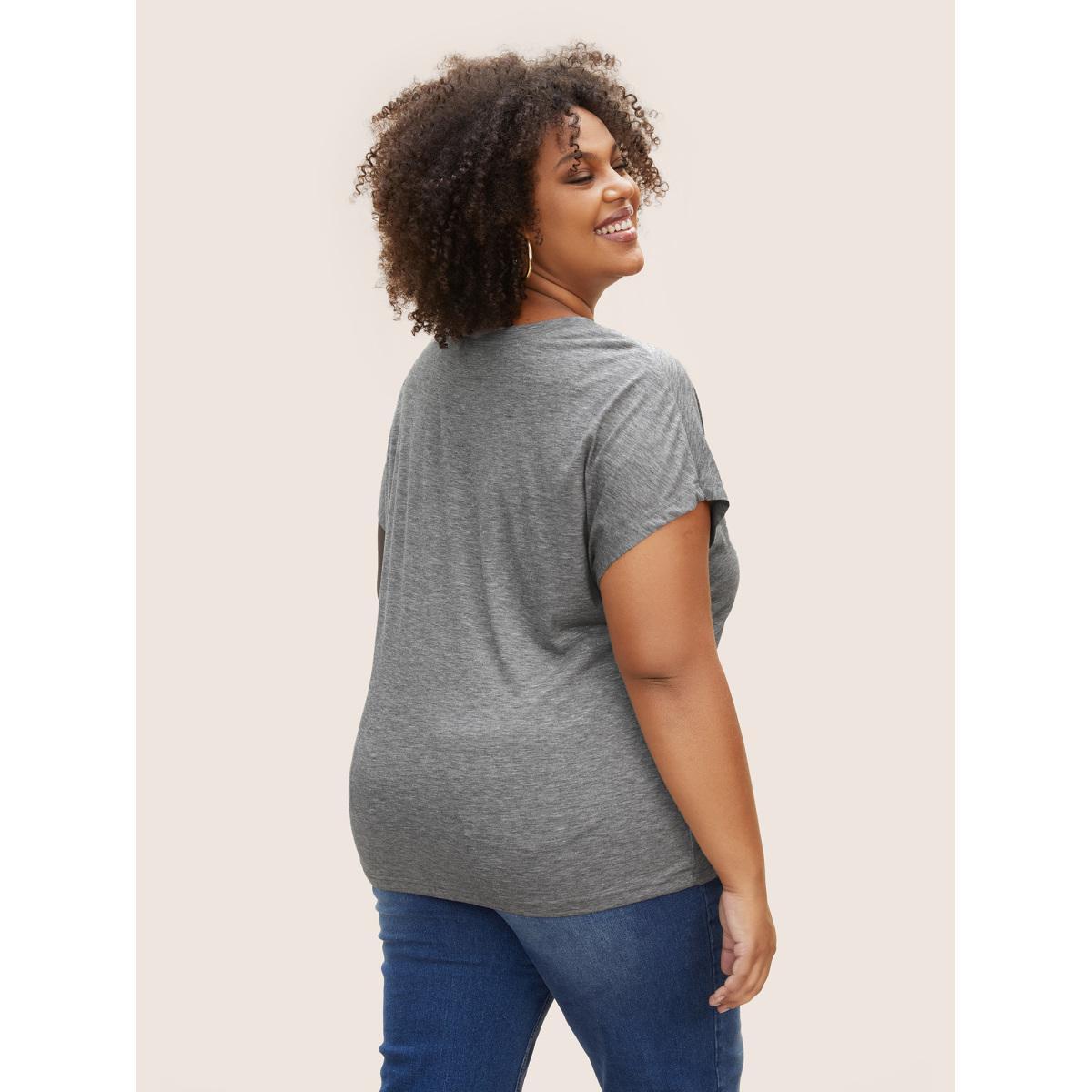 Plus Size Plain Heather Keyhole Dolman Sleeve T-shirt DarkGray Women Casual Cut-Out Round Neck Everyday T-shirts BloomChic 12/L Product Image