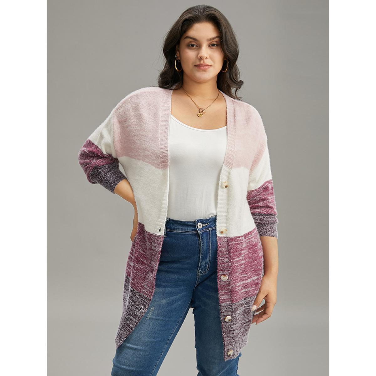 Plus Size Colorblock Button Through Fuzzy Cardigan Multicolor Women Casual Loose Long Sleeve Dailywear Cardigans BloomChic 30/6X Product Image