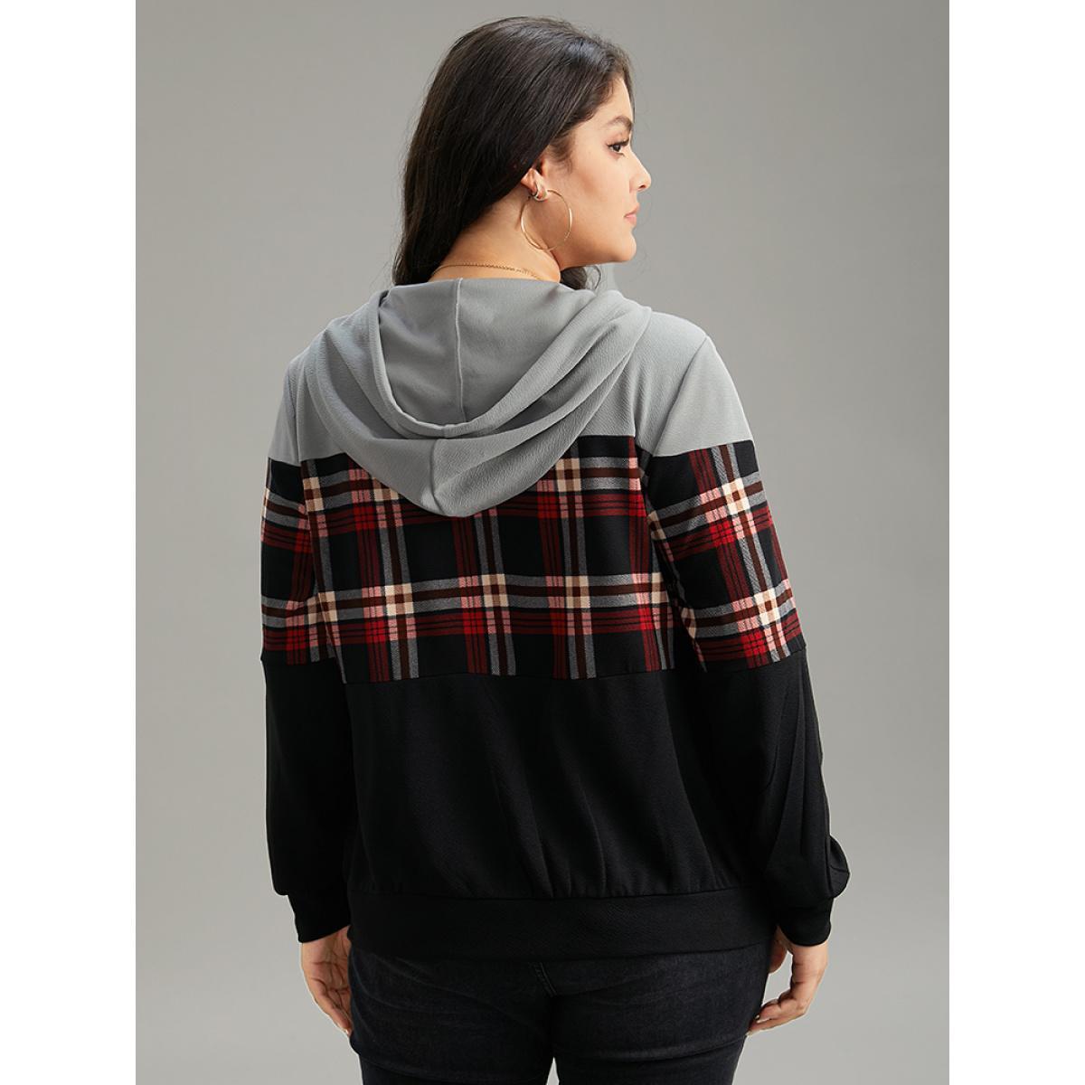 Plus Size Plaid Contrast Hooded O Ring Zipper Jacket Women Black Contrast Pocket Dailywear Jackets BloomChic 14-16/1X Product Image
