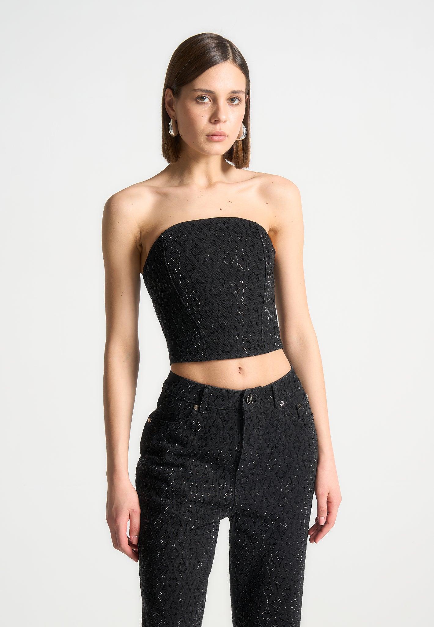Rhinestone Eiffel Denim Bandeau Corset Top - Black Female Product Image