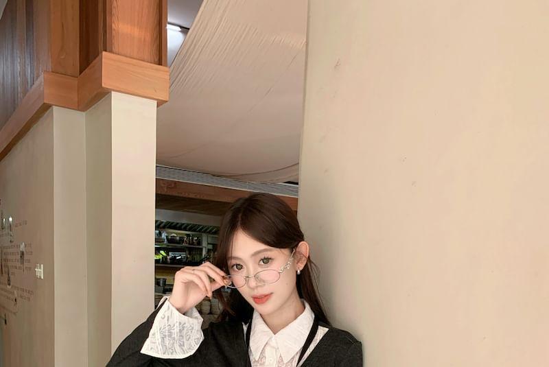 Mock Two-Piece Long-Sleeve Two Tone Slim Fit Shirt / High Waist Plain Wide Leg Pants Product Image