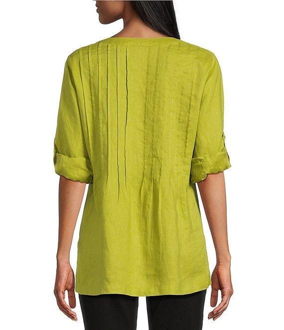 John Mark Linen Y-Neck Roll Tab Sleeve Pintuck Tunic Product Image