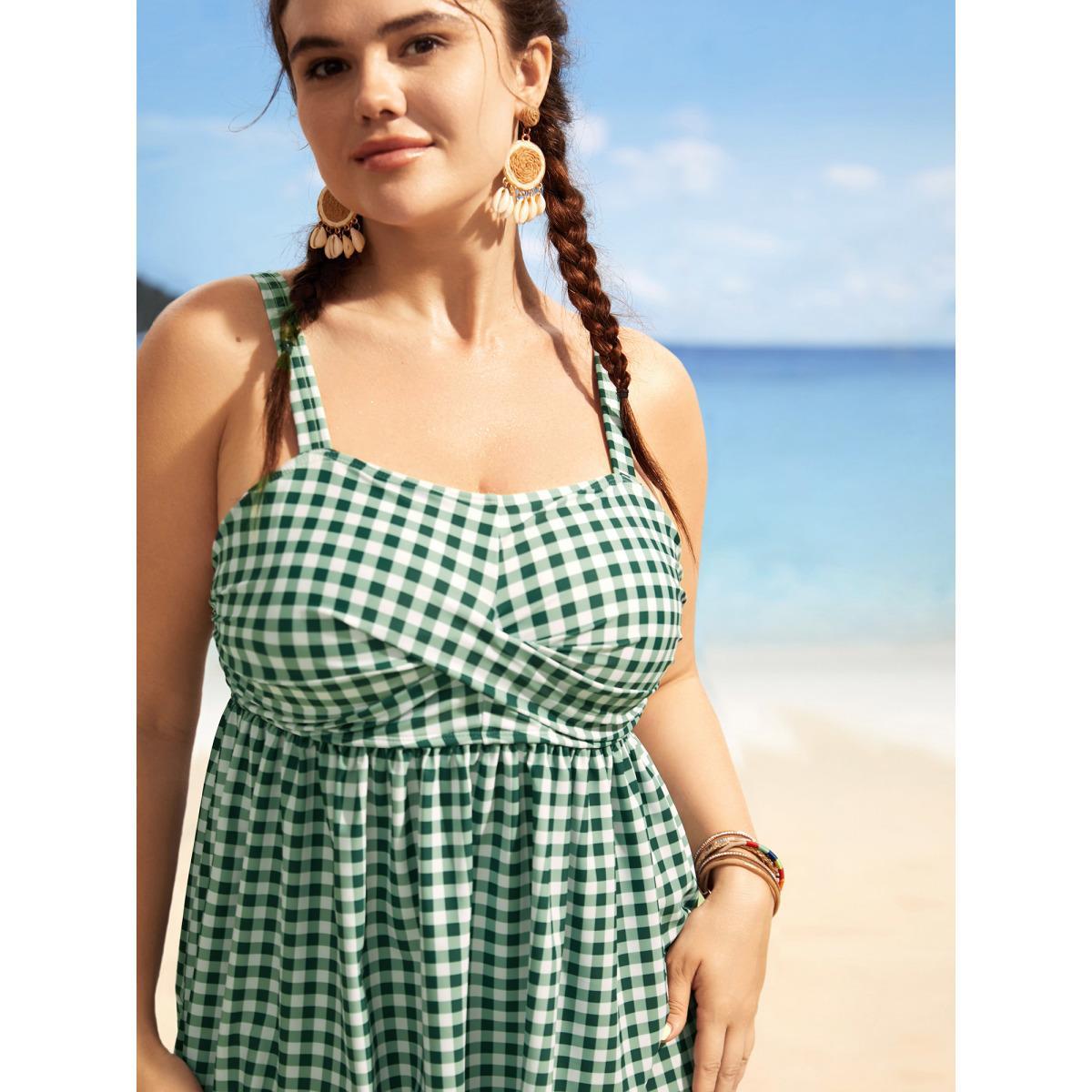 Plus Size Gingham Twist Front Adjustable Straps Swim Top Women's Swimwear Truegreen Beach Twist High stretch Bodycon Heart neckline Curve Swim Tops BloomChic 10/M Product Image