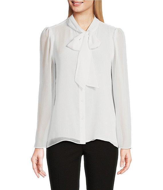 Calvin Klein Chiffon Tie-Neck Long Flare Sleeve Button Down Blouse Product Image