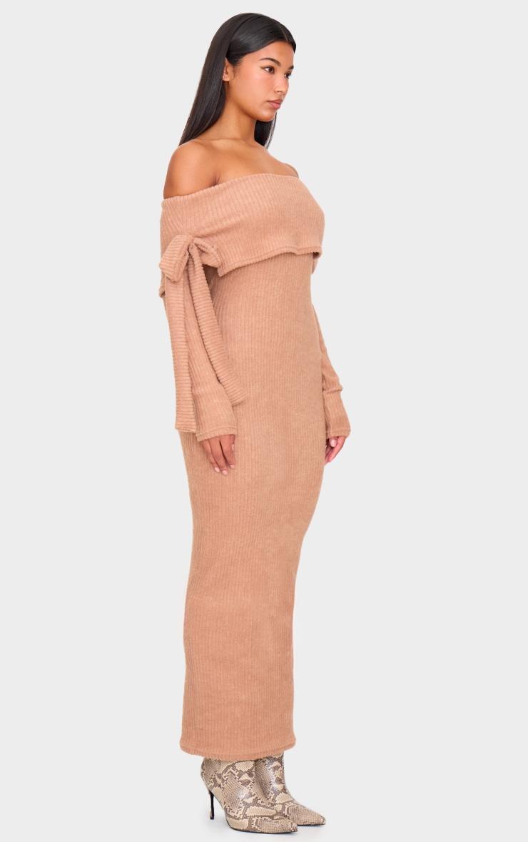 Taupe Brushed Rib Bow Detail Bardot Maxi Dress Product Image