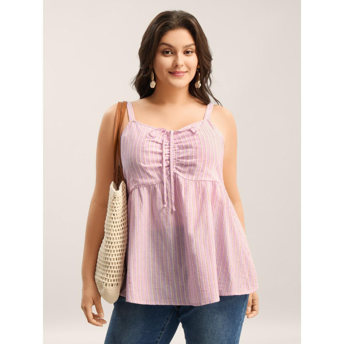 Plus Size Cotton Stripes Neck Ties Ruched Tank Top Women Blush Drawstring Heart neckline Vacation Tank Tops Camis BloomChic 26/4X Product Image