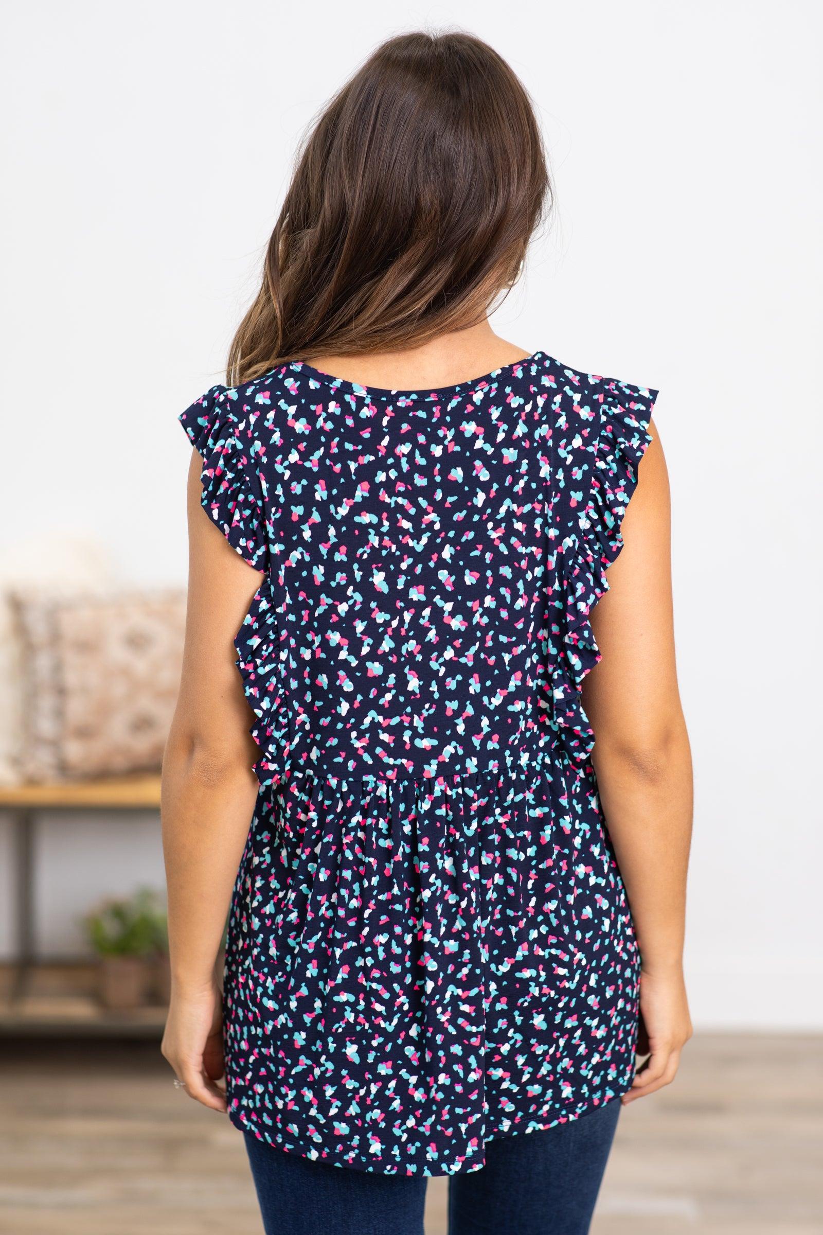 Navy and Neon Pink Abstract Print Babydoll Top Product Image