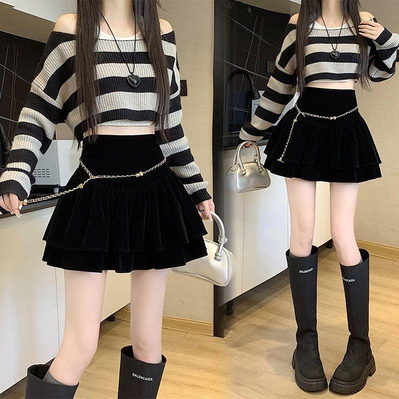 High Waist Plain Chain Detail Tiered Mini A-Line Skirt Product Image