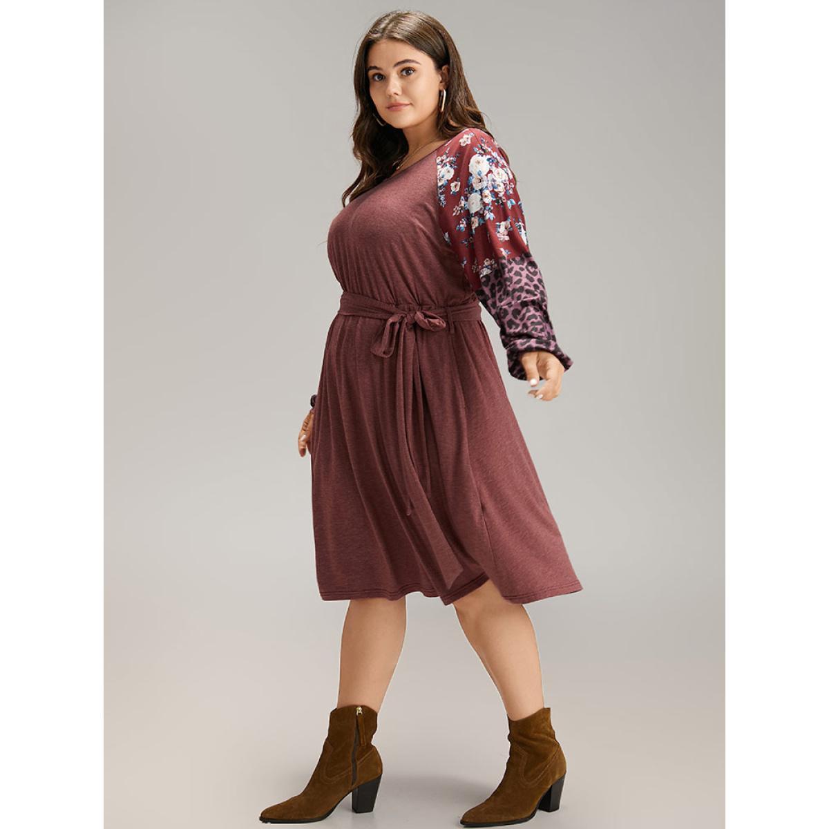 Plus Size Floral Leopard Patchwork Belted Lantern Sleeve Dress DustyPink Women Casual Belted Round Neck Long Sleeve Curvy Midi Dress BloomChic 18-20/2X Product Image