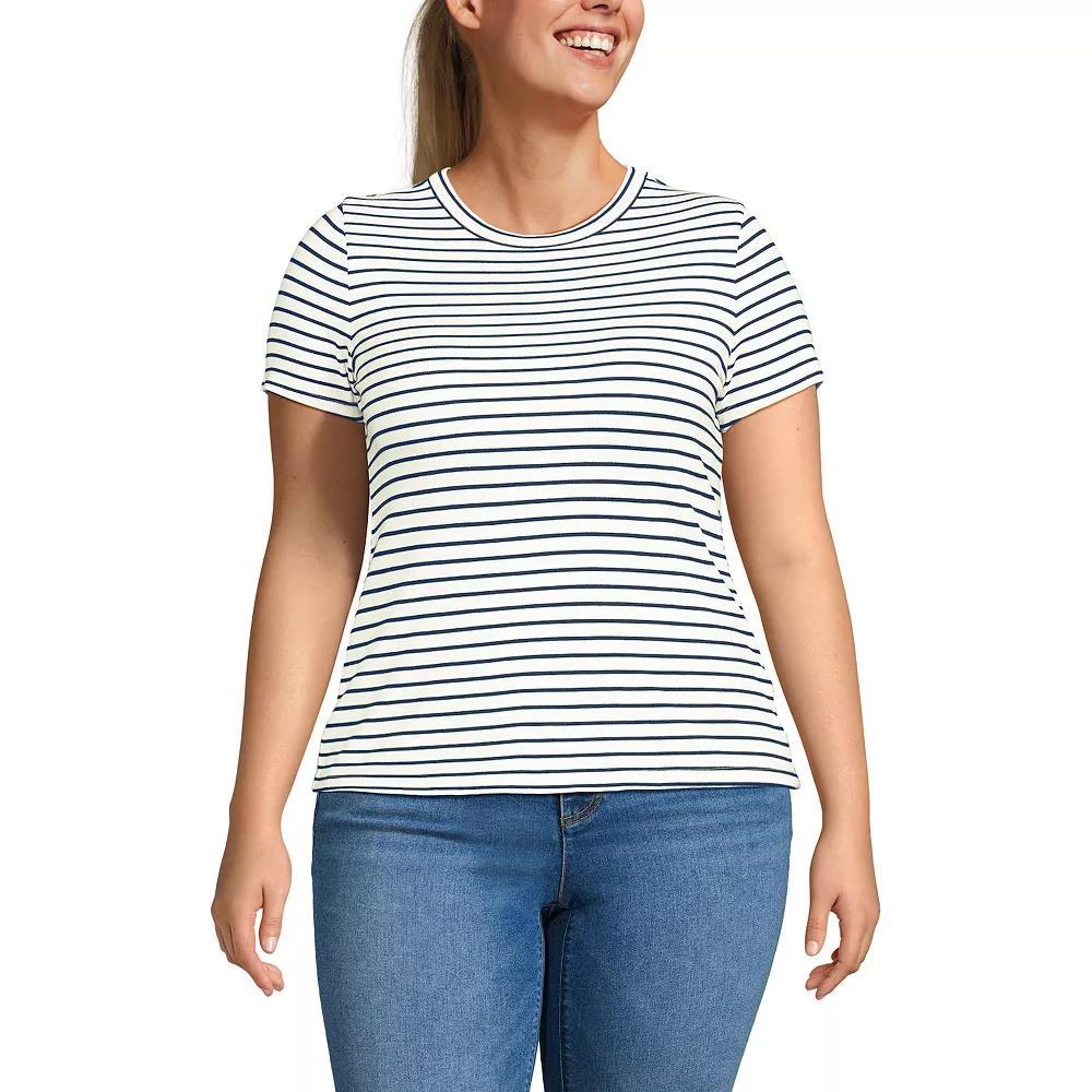 Plus Size Lands' End Drapey Rib Fitted Short Sleeve Mini T-Shirt, Women's, Size: 1XL, Ivory Navy Stripe Product Image