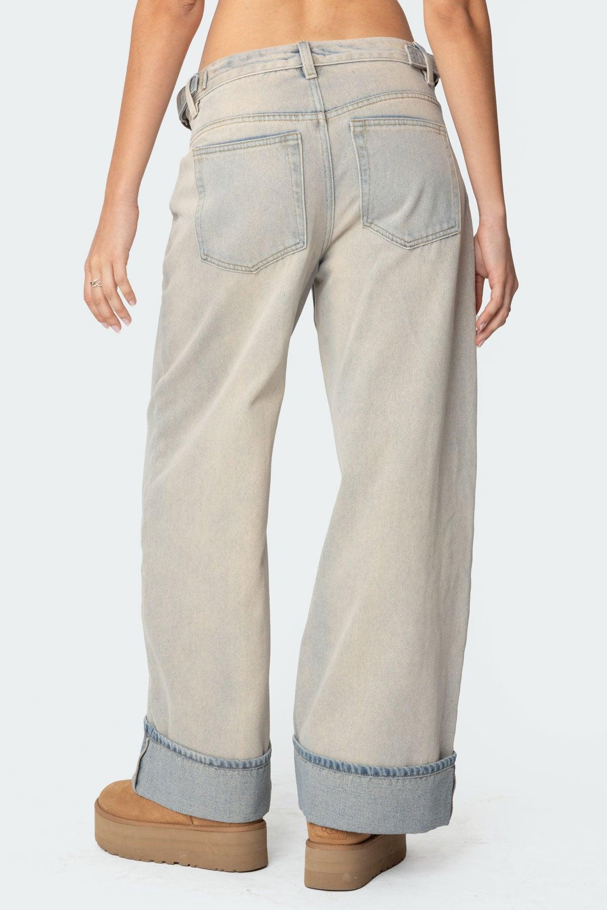 Double Belt Washed Low Rise Jeans Product Image