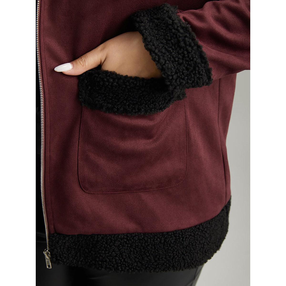 Plus Size Fuzzy Trim Patched Pocket Zipper Jacket Women Burgundy Contrast Pocket Dailywear Jackets BloomChic 22-24/3X Product Image