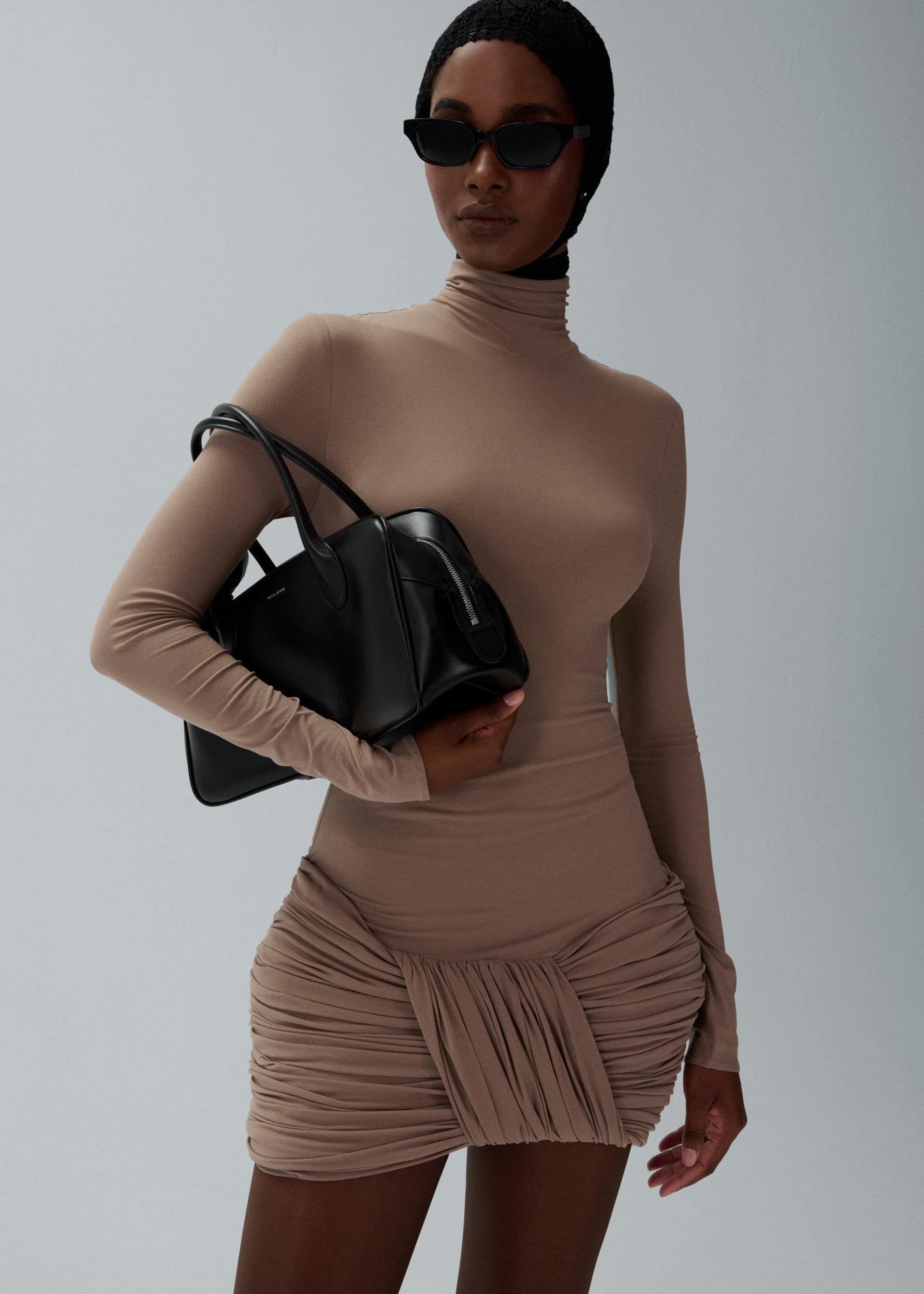 Long sleeve hip dress in beige Product Image