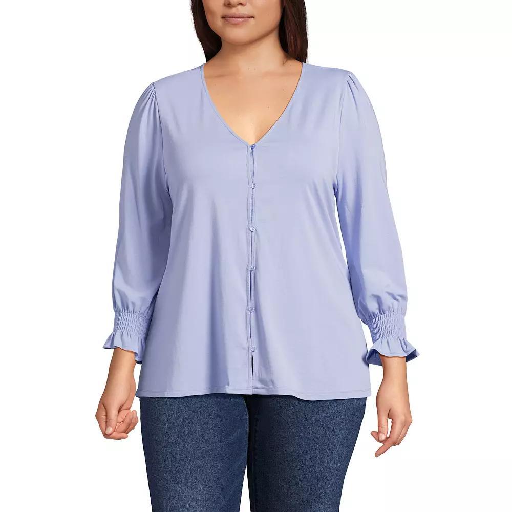 Plus Size Lands' End 3/4 Sleeve Lightweight Jersey Button Front Top, Women's, Size: 1XL, Deep  Blue Bloom Product Image