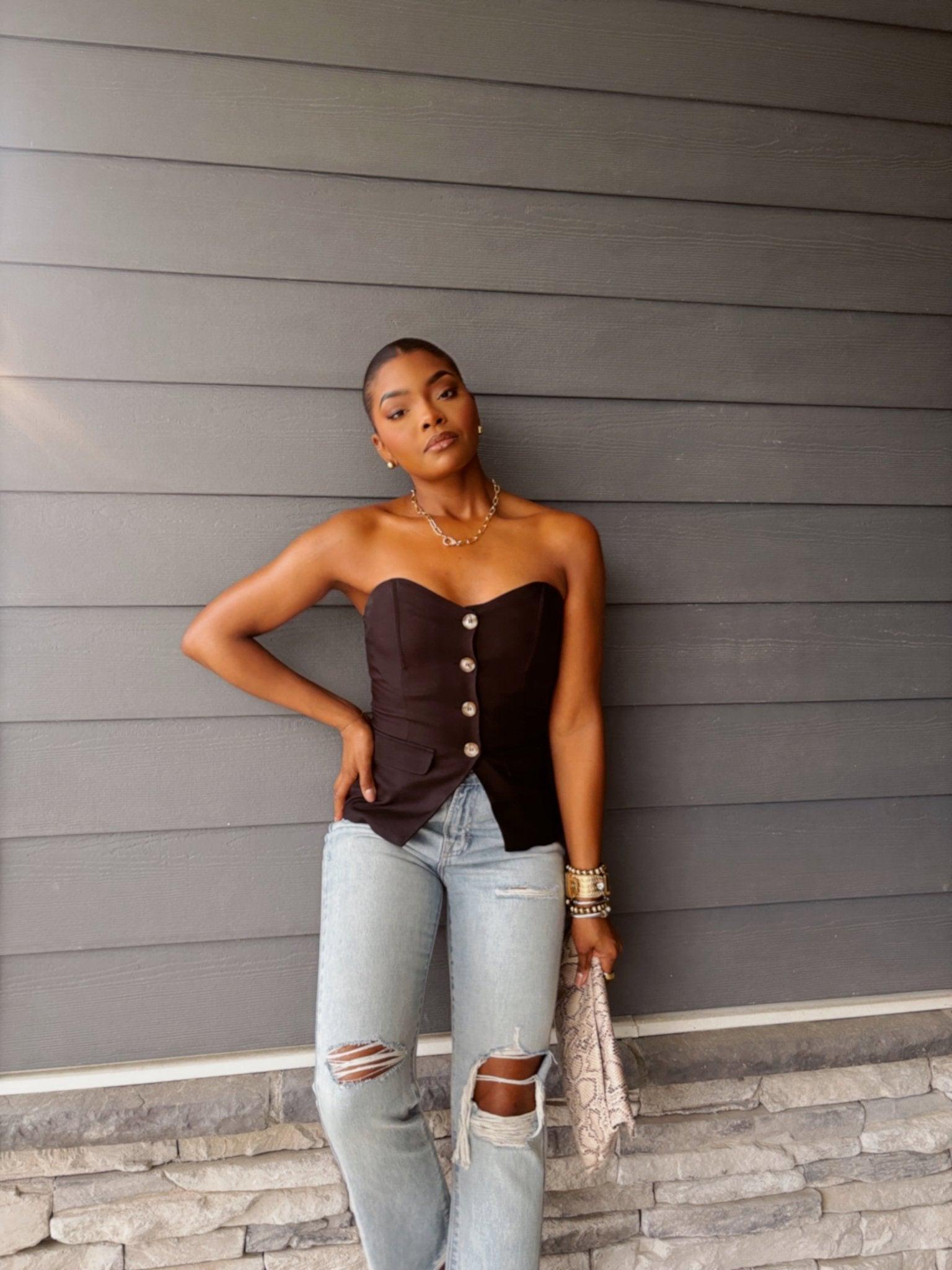 Black Button Front Tube Top Product Image