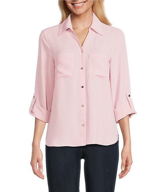 Jones New York Crepe Point Collar Roll Tab Button Front Top Product Image
