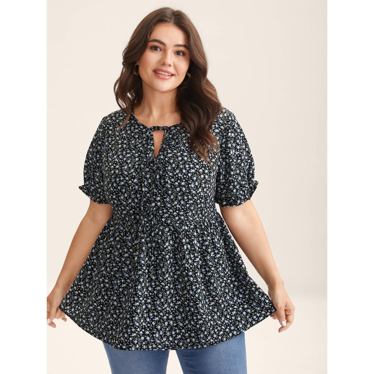Plus Size Black Ditsy Floral Print Bow-Tie Blouse Women Short sleeve Round Neck Everyday-Elegant Blouses BloomChic 26/4X Product Image