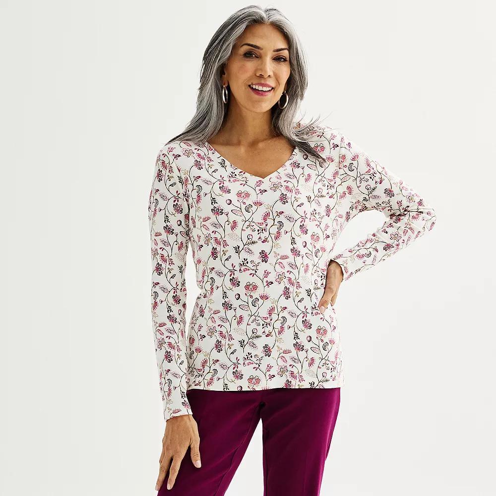 Petite Croft & Barrow® Essential Long-Sleeve V-Neck Top, Women's, Size: Large Petite, Black Paisley Flower Product Image