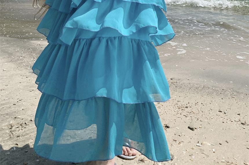 V-Neck Sleeveless Plain A-Line Tiered Maxi Dress Product Image
