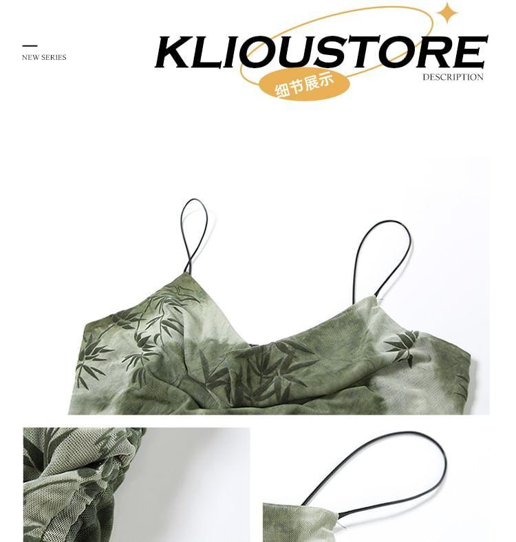 Spaghetti Strap Cowl Neck Leaf Print Drawstring Mini Bodycon Dress Product Image