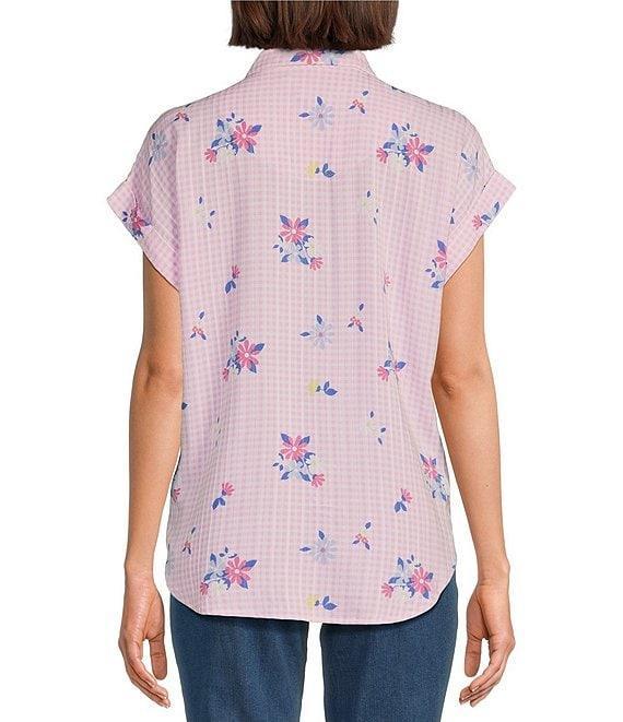 Allison Daley Gingham Floral Print Short Sleeve Tie Front Button Blouse Product Image