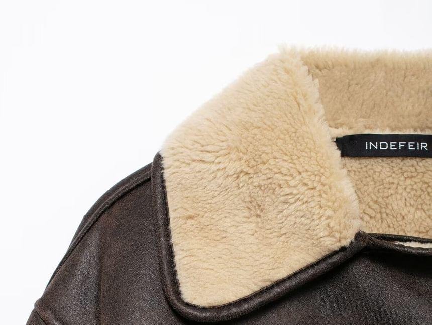 Plain Fluffy Trim Faux Leather Single-Breasted Jacket Product Image