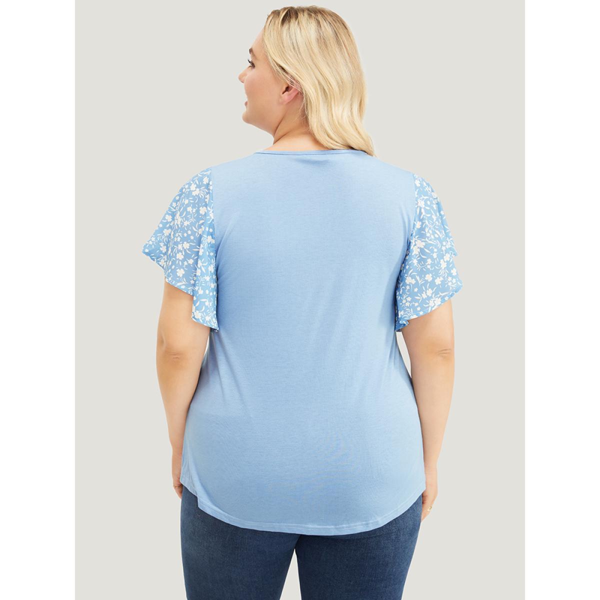Plus Size Ditsy Floral Ruffle Sleeve Round Neck T-shirt Stone Women Elegant Ditsy Floral Everyday T-shirts BloomChic 26/4X Product Image