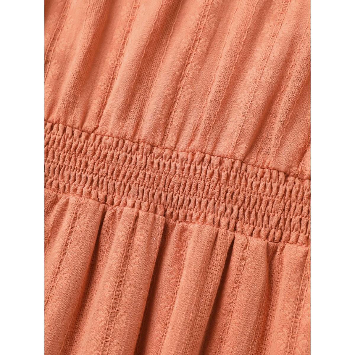 Plus Size Pure Cotton Solid Textured Shirred Midi Dress Coral Women Notched collar Short sleeve Curvy BloomChic 18-20/2X Product Image