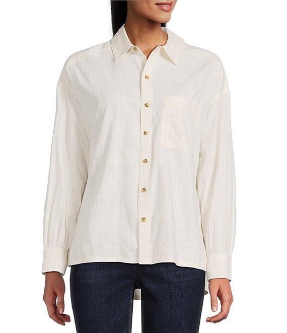 Westbound Petite Size Woven Plaid Collared Oversized Long Sleeve Top Product Image