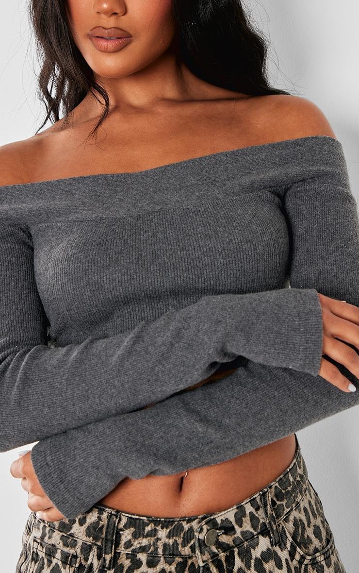  Charcoal Brushed Rib Bardot Long Sleeve Top Product Image