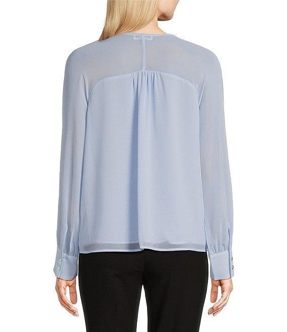 Calvin Klein Chiffon Keyhole Crew Neck Sheer Long Sleeve Blouse Product Image
