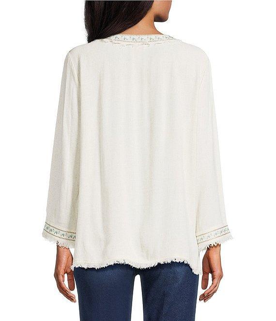 Multiples Petite Size Embroidered Textured V-Neck 3/4 Sleeve Fringe Edge Top Product Image