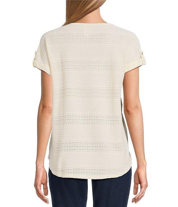 Ruby Rd. Petite Size Crochet Knit Boat Neck Short Button Tab Sleeve Top Product Image