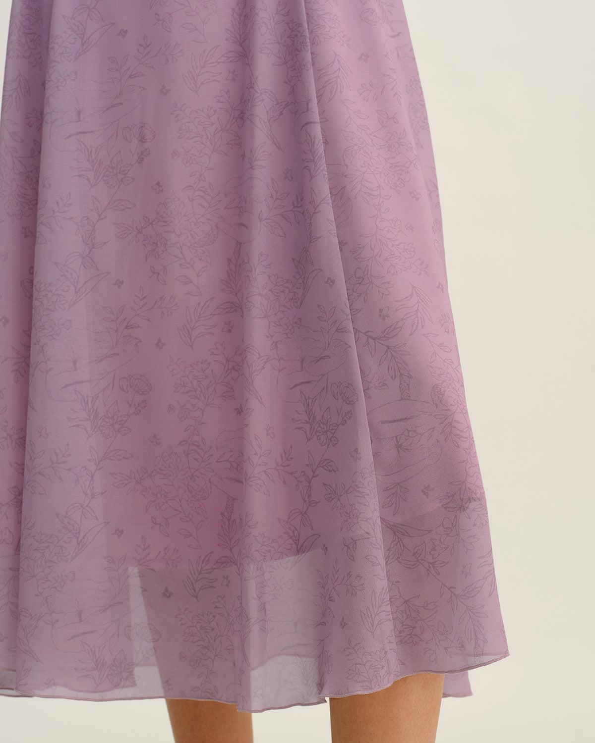 Purple Floral Square Neck Ruffle Slip Midi Dress Product Image