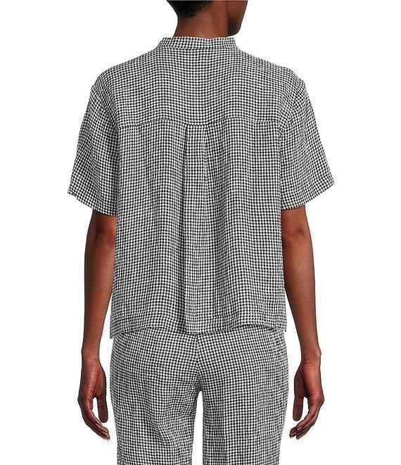 Eileen Fisher Puckered Organic Linen Gingham Mandarin Collar Short Sleeve Coordinating Top Product Image