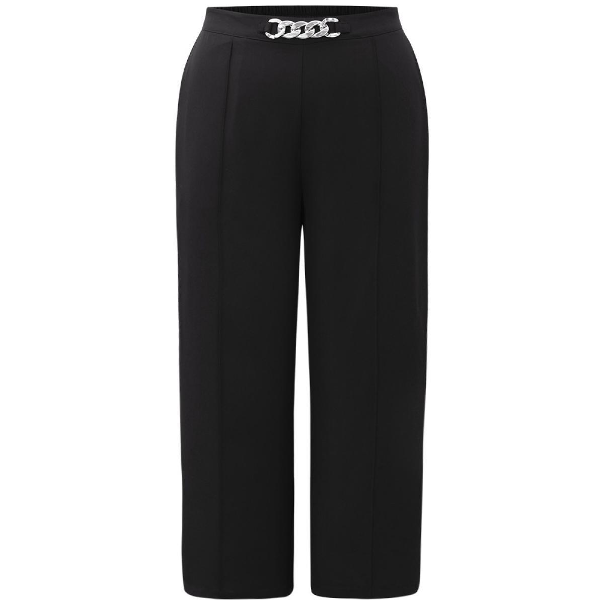 Plus Size Metal Detail Pleated Wide Leg Pants Women Black Office Wide Leg High Rise Work Pants BloomChic 28/5X Product Image