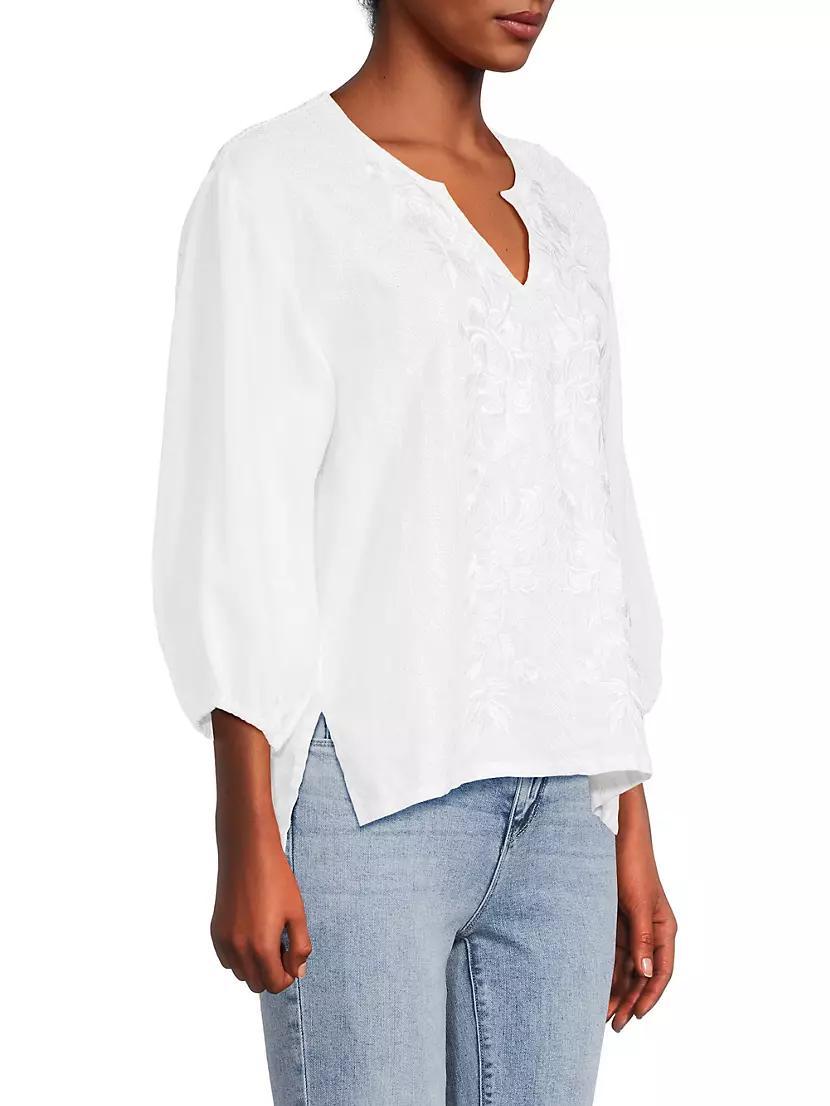 Camille Embroidered Linen Split-Neck Blouse Product Image