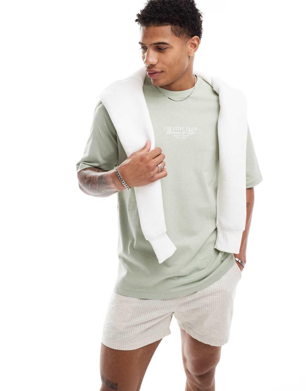 Selected Homme oversized T-shirt with creative circle back print in green Product Image