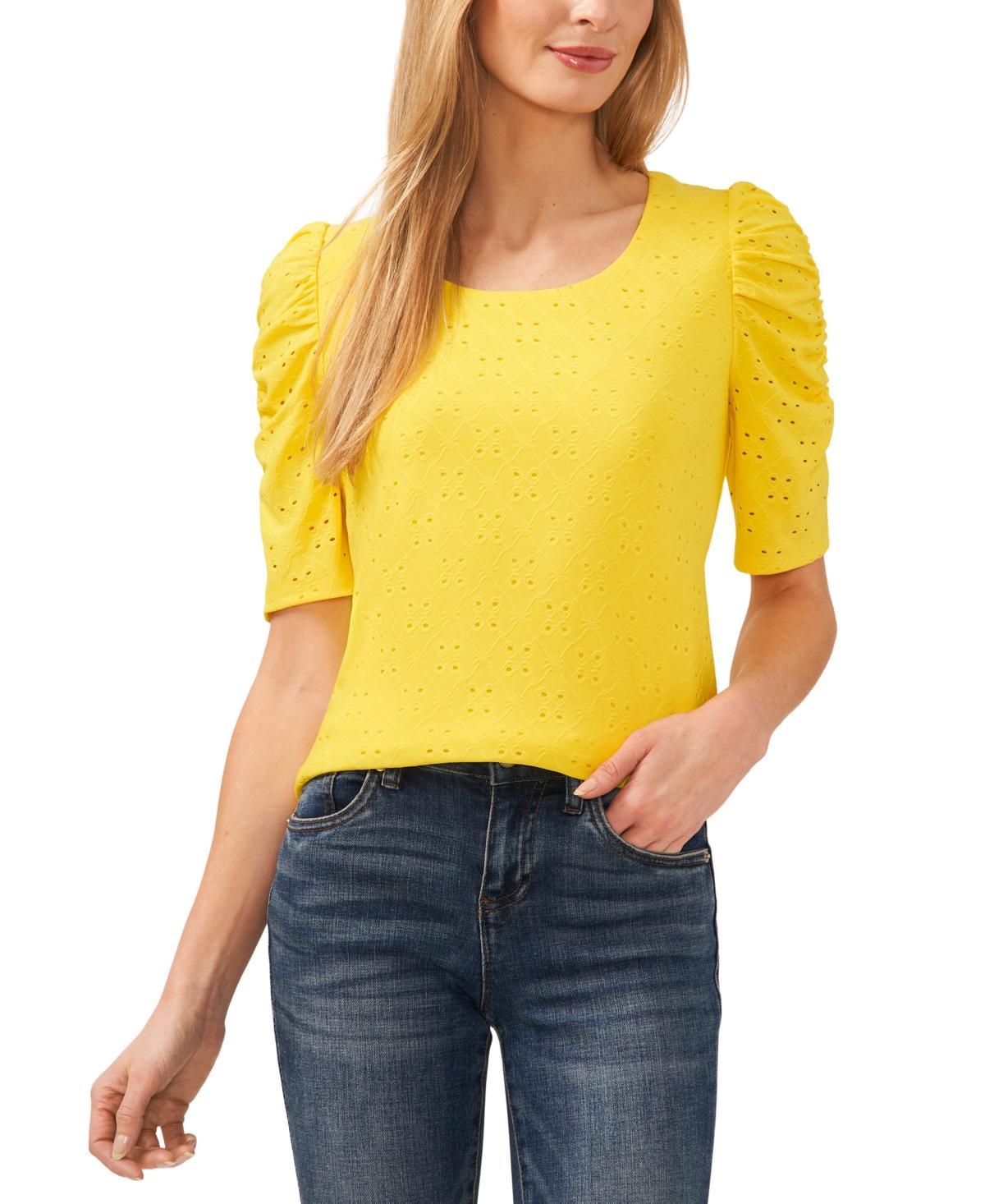 CeCe Womens Short Sleeve Eyelet-Embroidered Knit Top Product Image
