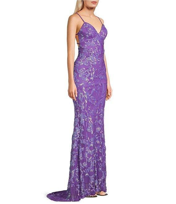 B. Darlin Sequin Pattern V-Neck Spaghetti Strap Lace Up Back Dress Product Image