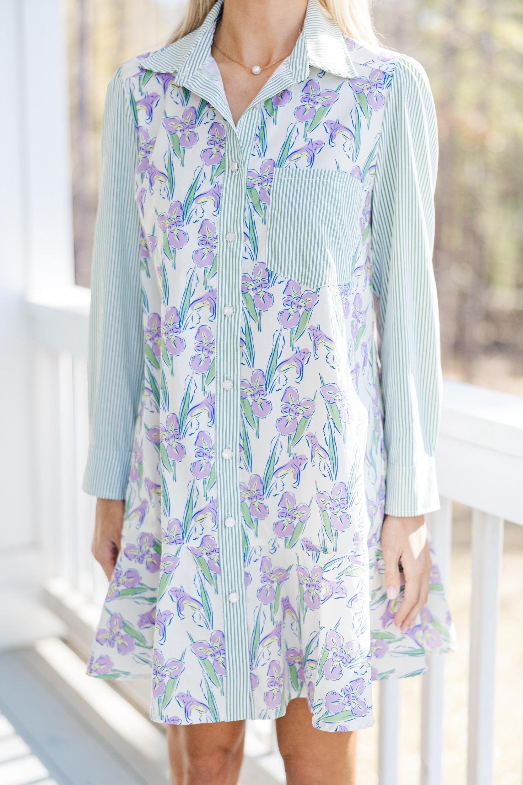 All Your Own Green Mixed Floral Shirt Dress Female Product Image