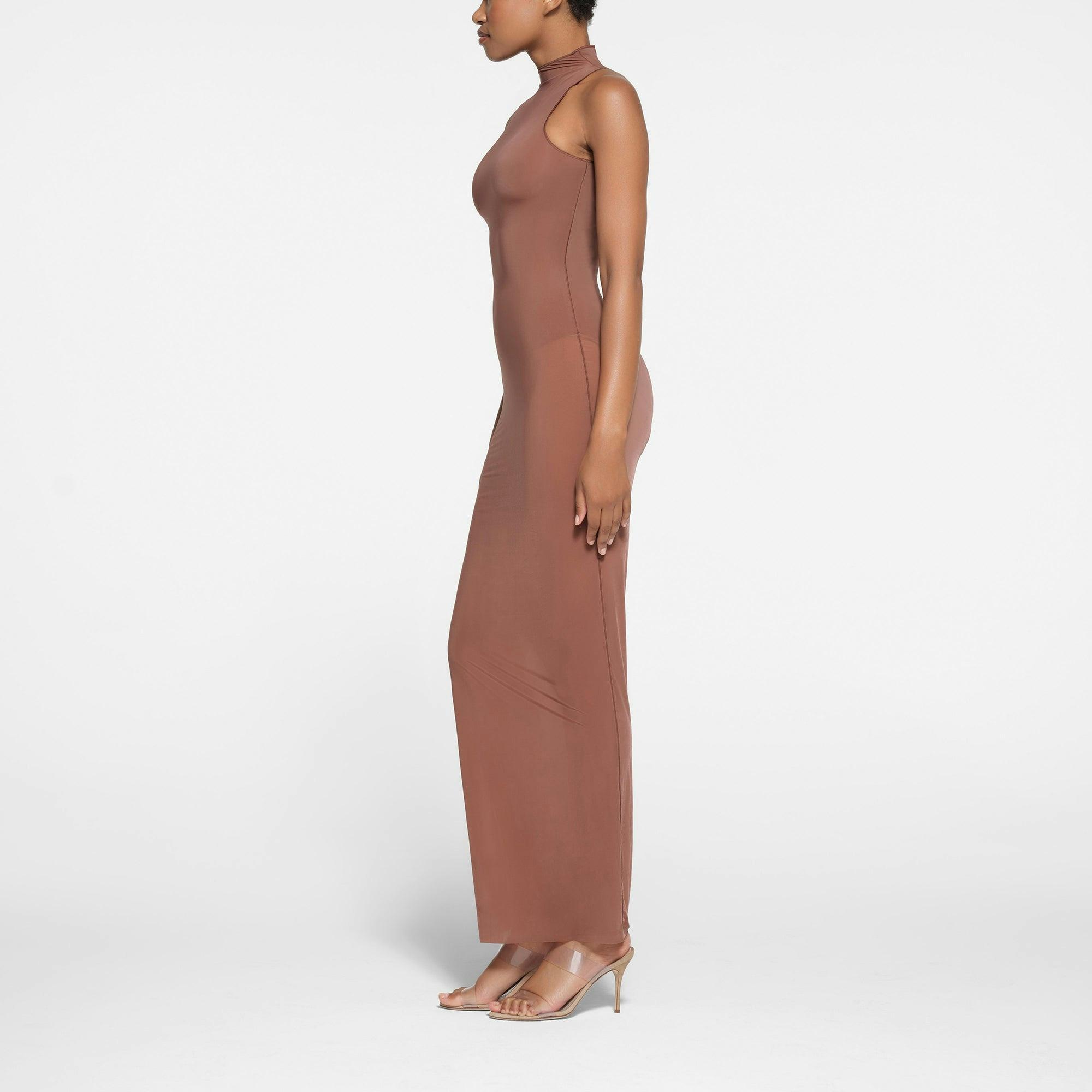 MILKY SHEER LOW BACK LONG DRESS | BRANDY Product Image