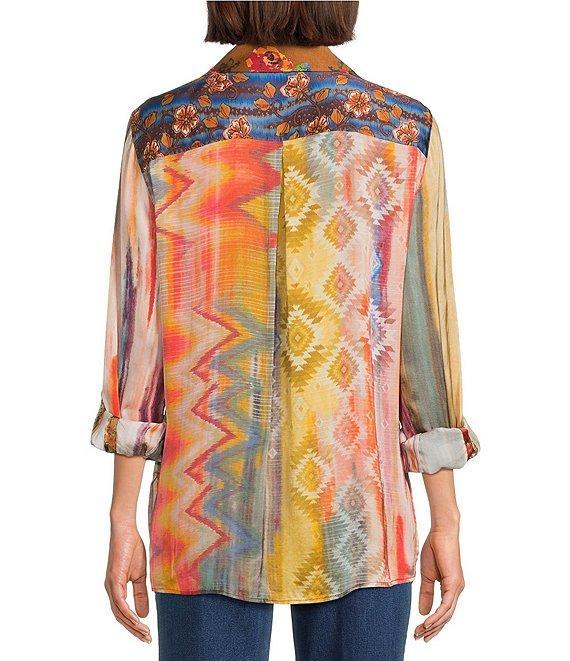 John Mark Chevron Tie-Dye Multi Print Point Collar Long Roll Tab Sleeve Button Front Blouse Product Image