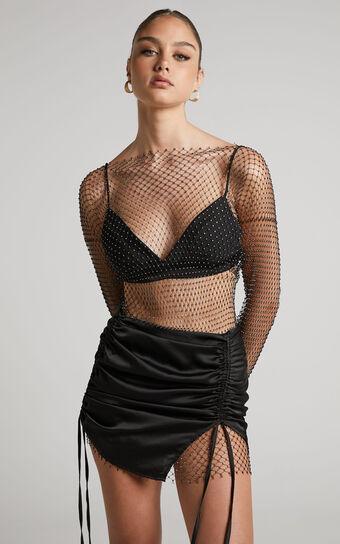 Sharlize Mini Dress - Diamante Mesh Long Sleeve Dress in Black Product Image