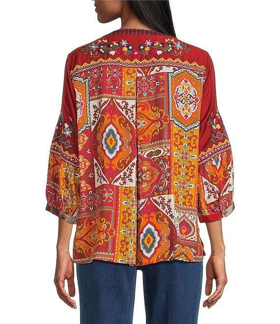 John Mark Petite Size Embroidered Multi Patch Split V-Neck 3/4 Sleeve Hi-Low Hem Tunic Product Image