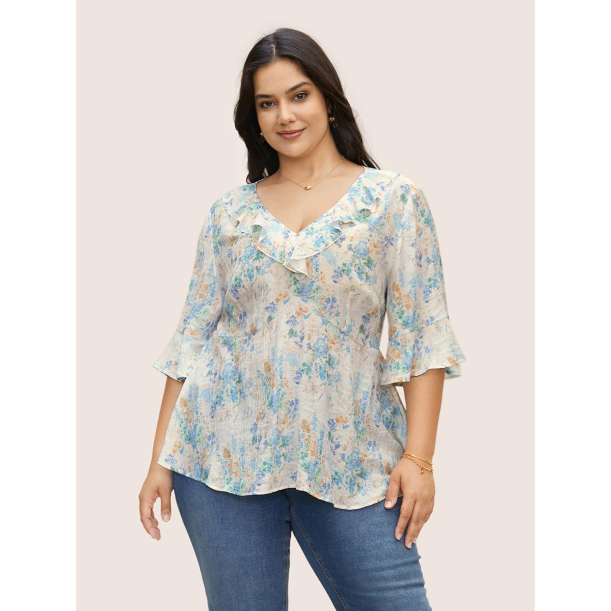 Plus Size LightBlue Floral Bell Sleeve Ruffle Trim Blouse Women Elegant Elbow-length sleeve V-neck Everyday Blouses BloomChic 18-20/2X Product Image