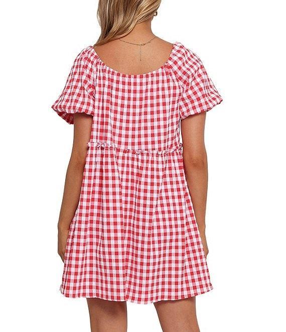 Petal & Pup Dorothea Gingham Round Neck Short Puff Smocked Ruffle Hem Mini Babydoll Dress Product Image